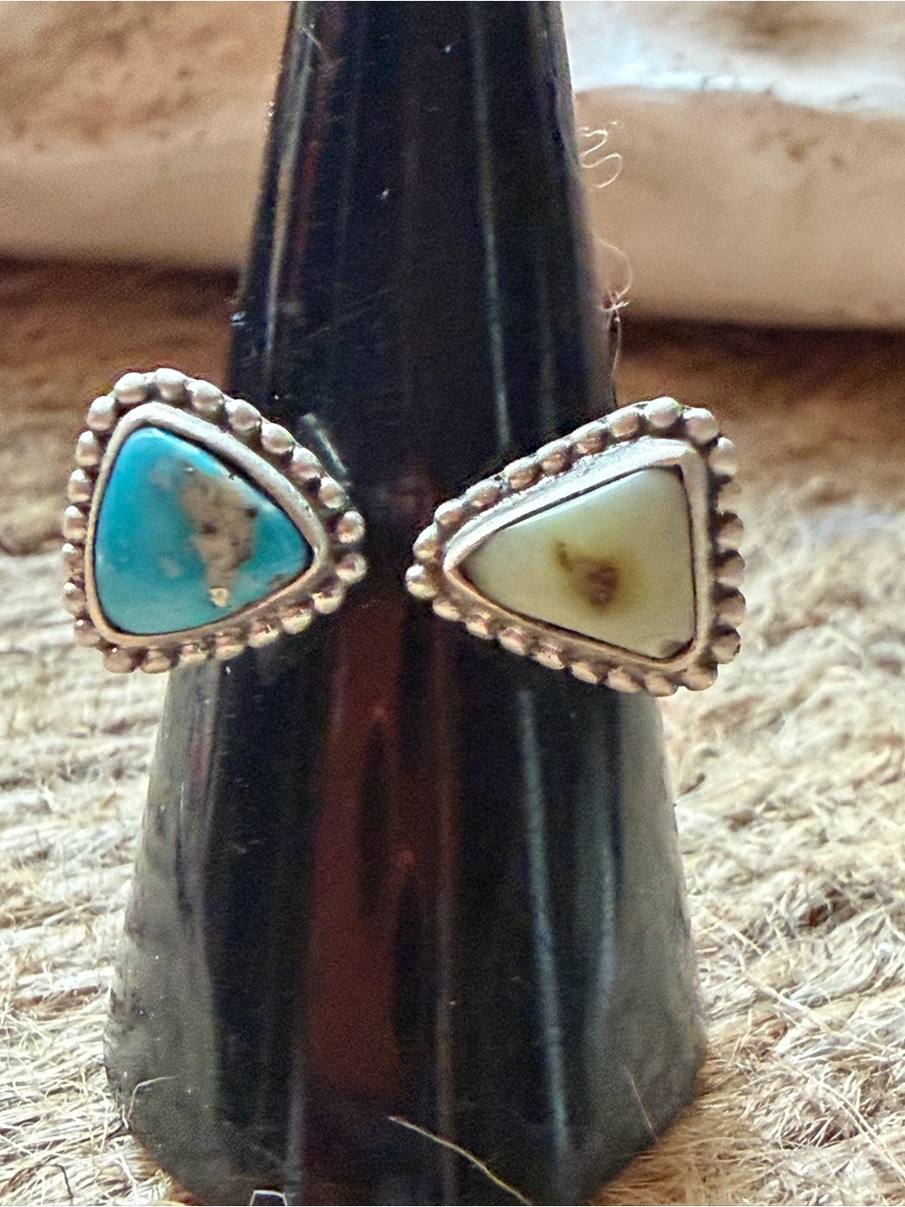 Sterling Silver Triangular White Water Turquoise and Palomino Stone Ring -